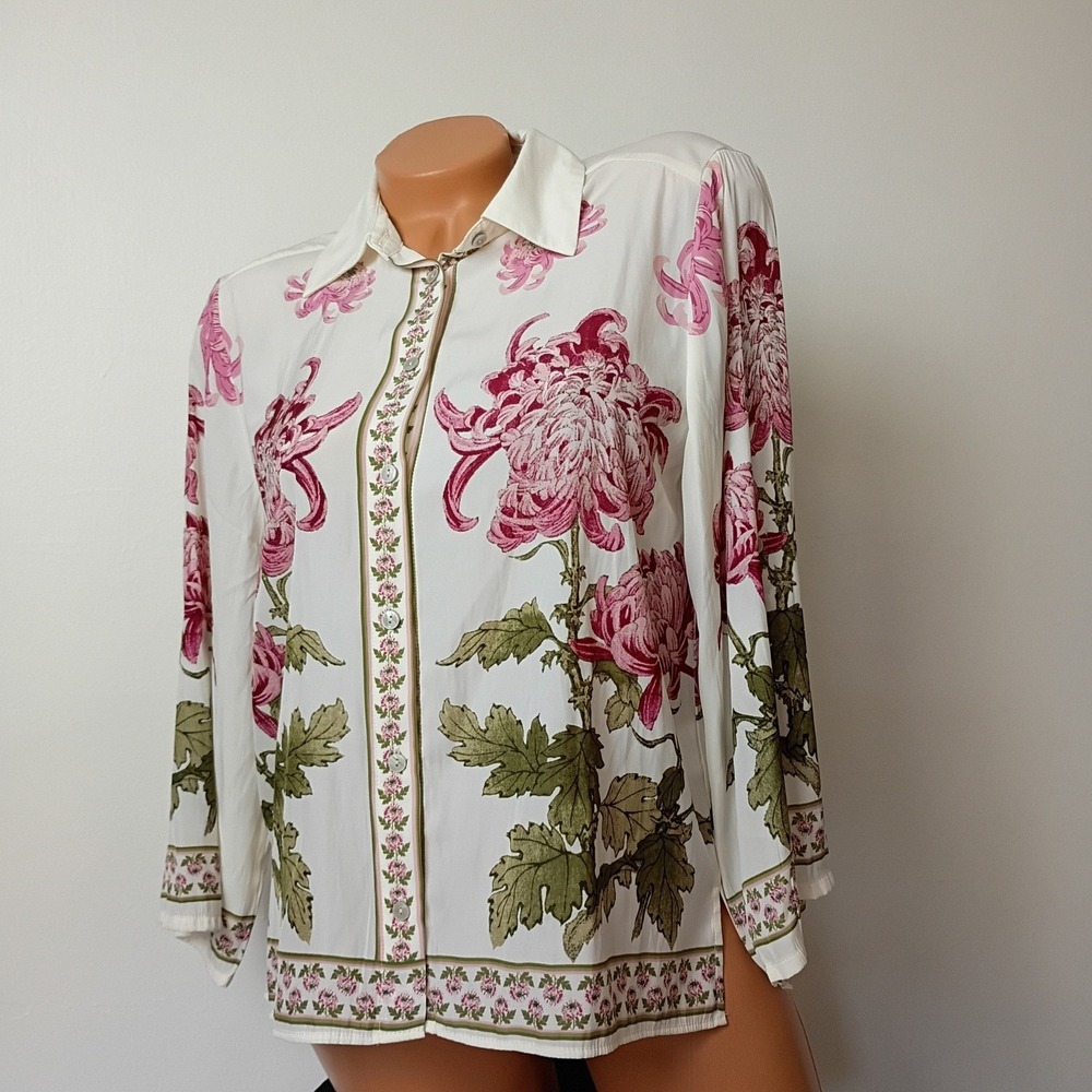 Rose + Olive White Pink Chrysanthemum Floral Roll Tab Button Front Blouse Large